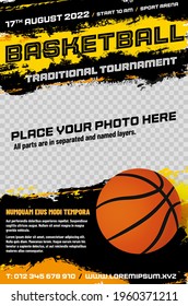 Basketball tournament poster template with ball and place for your photo - vector illustration