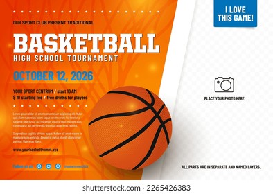 Basketball tournament poster template with ball and place for your photo - vector illustration