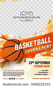 Basketball tournament poster template with ball and place for your photo - vector illustration