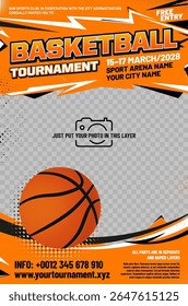 Basketball tournament poster template with ball, grungy and halftone elements and place for your photo - vector illustration