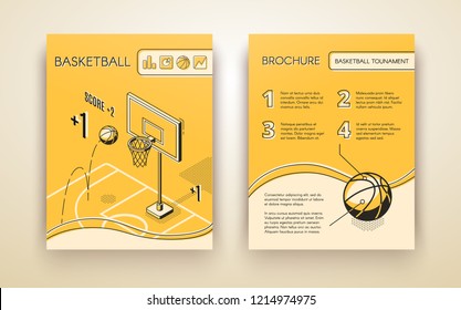Basketball tournament promotional brochure or advertising flyer line art, isometric vector design template with ball jumping in hoop on basketball court illustration. Sport club, game match ad flyer