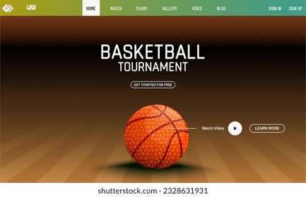 Diseño de plantilla de respuesta para el torneo de baloncesto con baloncesto realista en el fondo de un campo marrón.
