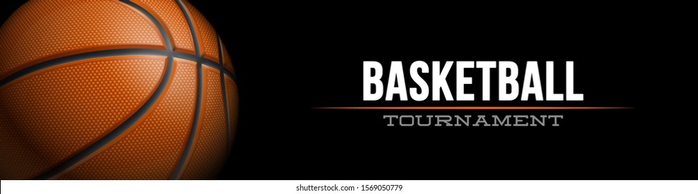 Basketball tournament sport poster design banner with 3d realistic shiny ball isolated on black background. luxury horizontal flyer Illustration Basketball championship template realistic orange ball