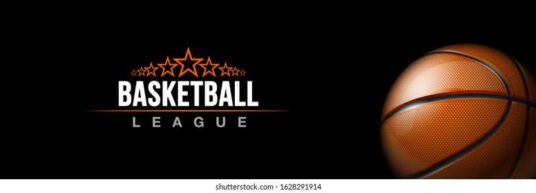 Basketball tournament sport poster design banner with 3d realistic shiny ball isolated on black background. luxury horizontal flyer Illustration Basketball championship template realistic orange ball