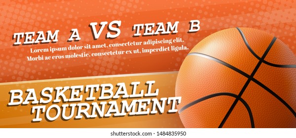 Basketball tournament, sport teams competition, student league championship 3d realistic vector horizontal advertising banner, promotion poster or flyer template with ball and information sample text