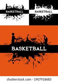 Basketball tournament, streetball game grungy backgrounds with paint smudges and player silhouettes jumping to hoop with ball. Ball game competition and championship vector banners