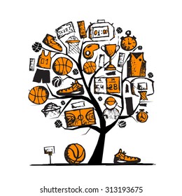 Basketball tree concept, sketch for your design. Vector illustration