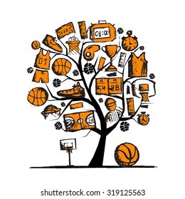 Basketball tree concept, sketch for your design. Vector illustration