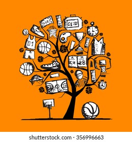 Basketball tree concept, sketch for your design. Vector illustration