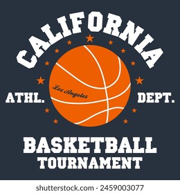 Basketball t-shirt design. College style tee shirt with basketball ball. Sport apparel print.