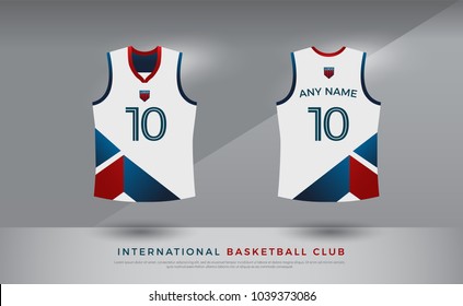 basketball t-shirt design uniform set of  kit. volleyball jersey template. blue red and white color, front and back view shirt mock up. Vector Illustration
