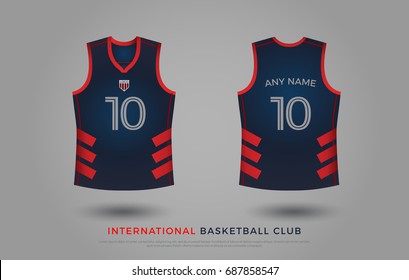 basketball t-shirt design uniform set of  kit. basketball jersey template. blue and red color, front and back view shirt mock up. Vector Illustration