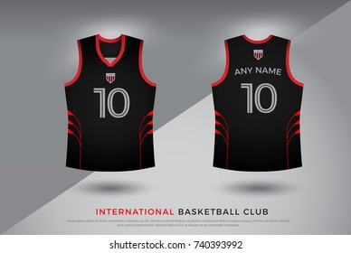 Basketball T-shirt Design Uniform Set Of  Kit. Basketball, Volleyball Jersey Template. Black And Red Color, Front And Back View Shirt Mock Up. Vector Illustration