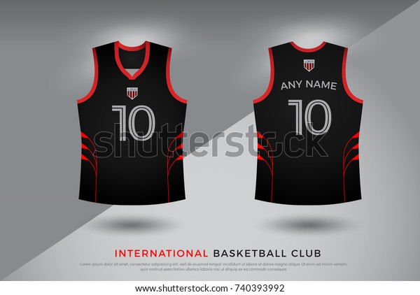 バスケットボールのtシャツデザインのユニフォームセット バスケットボール バレーボールのジャージーテンプレート 黒と赤のカラー 前面と背面のビューシャツがモックアップ ベクターイラスト のベクター画像素材 ロイヤリティフリー