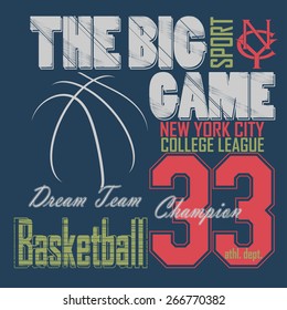 Basketball t-shirt graphic design. New York City College League typography emblem,  Print for sportswear apparel - vector illustration 