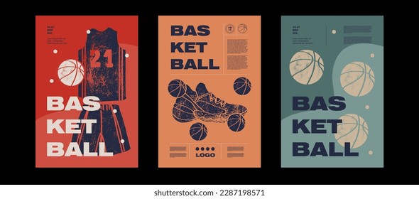 Basketball uniform, ball, shoes. Collection of basketball designs in grunge style, sketch, engraving. Hand drawing. Sports print, cover, template, sports covers, basketball hoop.