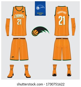 Basketball uniform mockup template design. Tank top t-shirt, sock, basketball shorts mockup for basketball jersey. Front view, back view basketball shirt. Flat sport logo design. Vector Illustration.