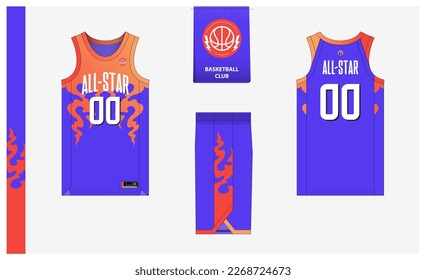 Basketball uniform mockup template design. Basketball jersey, basketball shorts in front, back view and side view. Basketball logo design. Vector Illustration