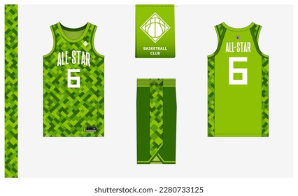 Basketball uniform mockup template design for sport club. Basketball jersey, basketball shorts in front, back view and side view. Basketball logo design. Vector Illustration