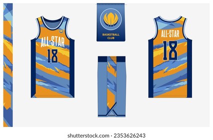 Basketball uniform mockup template design for sport club. Basketball jersey, basketball shorts in front, back view and side view. Basketball logo design. Vector Illustration