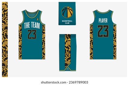 Basketball uniform mockup template design for sport club. Basketball jersey, basketball shorts in front, back view and side view. Basketball logo design. Vector Illustration