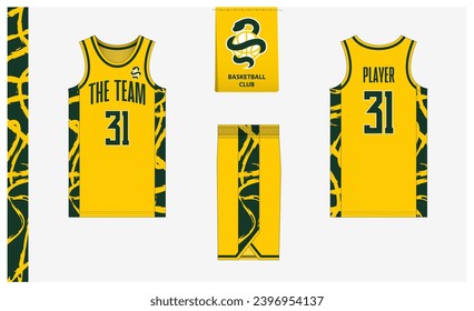 Basketball uniform mockup template design for sport club. Basketball jersey, basketball shorts in front, back view and side view. Basketball logo design. Vector Illustration