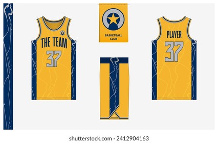 Basketball uniform mockup template design for sport club. Basketball jersey, basketball shorts in front, back view and side view. Basketball logo design. Vector Illustration