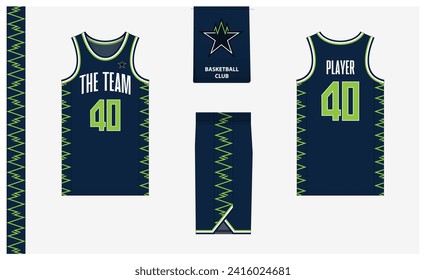 Basketball uniform mockup template design for sport club. Basketball jersey, basketball shorts in front, back view and side view. Basketball logo design. Vector Illustration