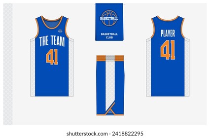 Diseño de plantilla de maquillaje uniforme de baloncesto para club deportivo. Jersey de baloncesto, pantalones cortos de baloncesto en frente, vista trasera y vista lateral. Diseño del logo del baloncesto. Ilustración vectorial