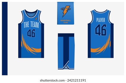 Diseño de plantilla de maquillaje uniforme de baloncesto para club deportivo. Jersey de baloncesto, pantalones cortos de baloncesto en frente, vista trasera y vista lateral. Diseño del logo del baloncesto. Ilustración vectorial