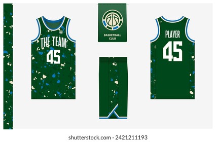 Basketball uniform mockup template design for sport club. Basketball jersey, basketball shorts in front, back view and side view. Basketball logo design. Vector Illustration