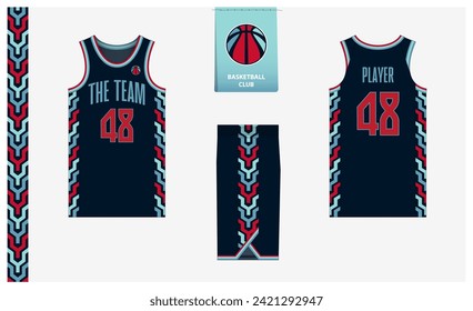 Basketball uniform mockup template design for sport club. Basketball jersey, basketball shorts in front, back view and side view. Basketball logo design. Vector Illustration