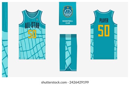 Basketball uniform mockup template design for sport club. Basketball jersey, basketball shorts in front, back view and side view. Basketball logo design. Vector Illustration