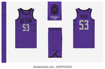 Basketball uniform mockup template design for sport club. Basketball jersey, basketball shorts in front, back view and side view. Basketball logo design. Vector Illustration