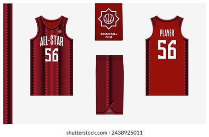 Basketball uniform mockup template design for sport club. Basketball jersey, basketball shorts in front, back view and side view. Basketball logo design. Vector Illustration