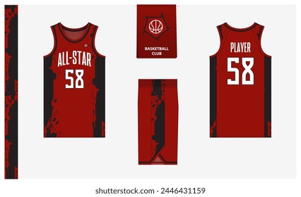 Basketball uniform mockup template design for sport club. Basketball jersey, basketball shorts in front, back view and side view. Basketball logo design. Vector Illustration