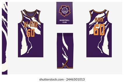 Diseño de Plantilla de maqueta de uniforme de baloncesto para club deportivo. Camiseta de baloncesto, pantalones cortos de baloncesto en la parte delantera, vista trasera y vista lateral. Diseño de logotipo de baloncesto. Ilustración vectorial