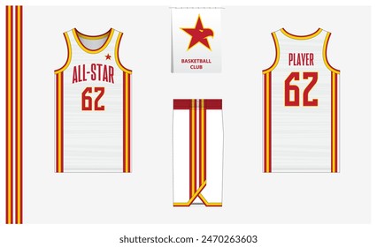 Diseño de Plantilla de maqueta de uniforme de baloncesto para club deportivo. Camiseta de baloncesto, pantalones cortos de baloncesto en la parte delantera, vista trasera y vista lateral. Diseño de logotipo de baloncesto. Ilustración vectorial