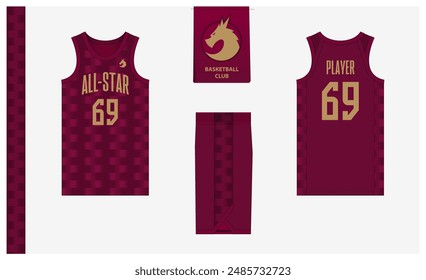 Basketball uniform mockup template design for sport club. Basketball jersey, basketball shorts in front, back view and side view. Basketball logo design. Vector Illustration