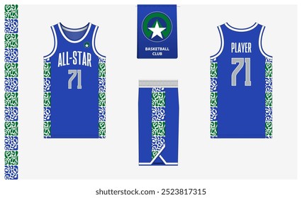 Modelo de modelo de maquete uniforme de basquete para clube esportivo. Camiseta de basquete, calções de basquete na frente, vista traseira e vista lateral. Design do logotipo do basquete. Ilustração de vetor