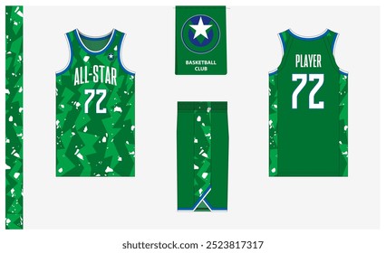 Modelo de modelo de maquete uniforme de basquete para clube esportivo. Camiseta de basquete, calções de basquete na frente, vista traseira e vista lateral. Design do logotipo do basquete. Ilustração de vetor