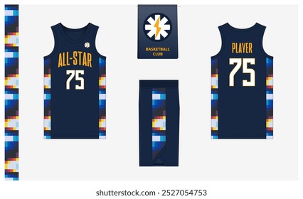 Modelo de modelo de maquete uniforme de basquete para clube esportivo. Camiseta de basquete, calções de basquete na frente, vista traseira e vista lateral. Design do logotipo do basquete. Ilustração de vetor