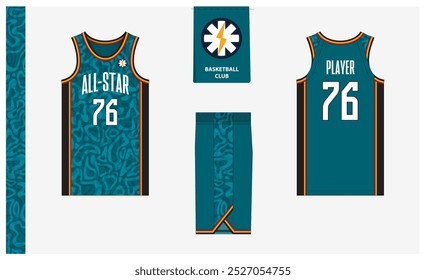 Modelo de modelo de maquete uniforme de basquete para clube esportivo. Camiseta de basquete, calções de basquete na frente, vista traseira e vista lateral. Design do logotipo do basquete. Ilustração de vetor