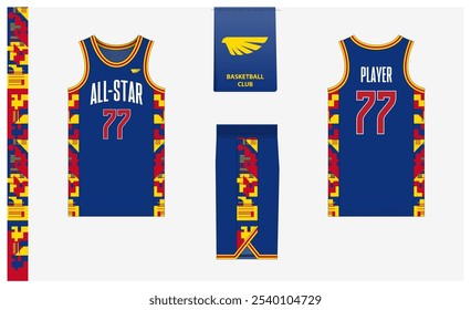 Basketball uniform mockup template design for sport club. Basketball jersey, basketball shorts in front, back view and side view. Basketball logo design. Vector Illustration