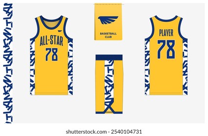 Modelo de modelo de maquete uniforme de basquete para clube esportivo. Camiseta de basquete, calções de basquete na frente, vista traseira e vista lateral. Design do logotipo do basquete. Ilustração de vetor