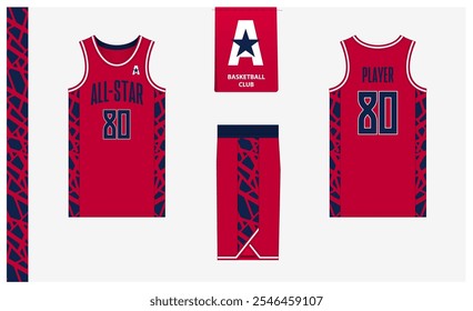 Modelo de modelo de maquete uniforme de basquete para clube esportivo. Camiseta de basquete, calções de basquete na frente, vista traseira e vista lateral. Design do logotipo do basquete. Ilustração de vetor