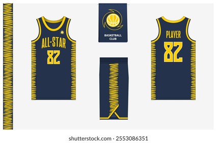 Modelo de modelo de maquete uniforme de basquete para clube esportivo. Camiseta de basquete, calções de basquete na frente, vista traseira e vista lateral. Design do logotipo do basquete. Ilustração de vetor