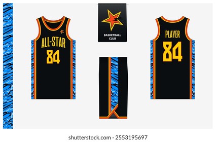 Modelo de modelo de maquete uniforme de basquete para clube esportivo. Camiseta de basquete, calções de basquete na frente, vista traseira e vista lateral. Design do logotipo do basquete. Ilustração de vetor