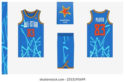 Modelo de modelo de maquete uniforme de basquete para clube esportivo. Camiseta de basquete, calções de basquete na frente, vista traseira e vista lateral. Design do logotipo do basquete. Ilustração de vetor