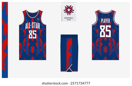 Basketball uniform mockup template design for sport club. Basketball jersey, basketball shorts in front, back view and side view. Basketball logo design. Vector Illustration